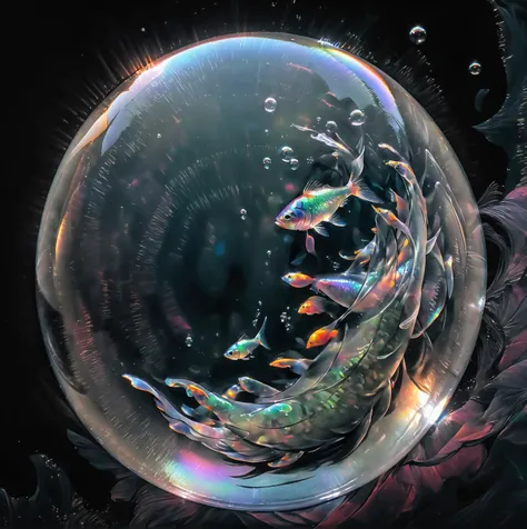 digioils style, a bubble containing a small fish inside, cool colours, abstract, black background, (SimplePositiveXLv2:1),<lora:Digital_Painterly_Oils_2-000012:1> , <lora:[XL]dark_fantasy_creature:1>