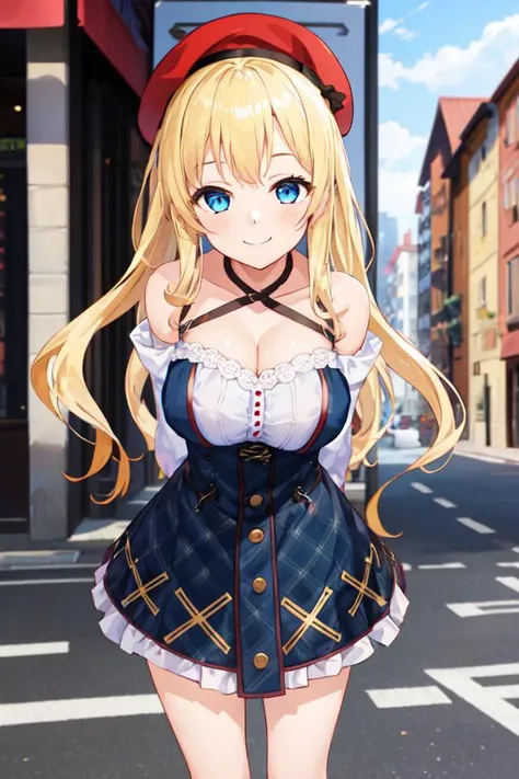 1girl, solo, masterpiece, best quality, outdoors, blonde hair, blue eyes, large breasts, underbust, cleavage, beret, smile, closed mouth, arms behind back, (leaning forward), blurry background,  <lora:salopetteskirt3:0.7>, salopette skirt, criss-cross halt...