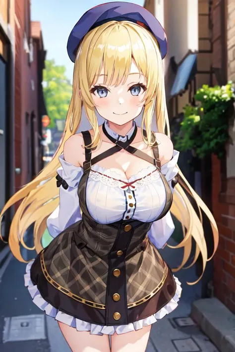 1girl, solo, masterpiece, best quality, outdoors, blonde hair, grey eyes, large breasts, underbust, cleavage, beret, smile, closed mouth, arms behind back, (leaning forward), blurry background,  <lora:salopetteskirt3:0.75>, salopette skirt, criss-cross hal...