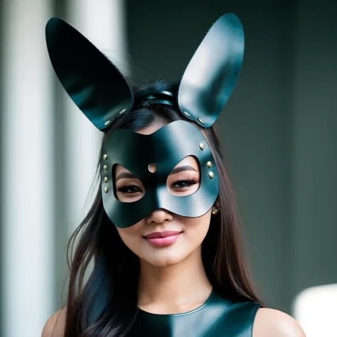 a close up of a woman wearing a black leather bunny mask