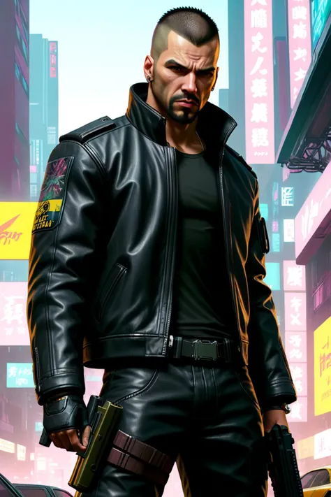 GTA-style artwork <lora:FF-CyberF-Male1Locon:1> man in a leather jacket holding a gun in a city, cyberpunk hero, cyberpunk soldier, cyberpunk dude, cyberpunk art ultrarealistic 8k, in cyber punk 2077, cyberpunk style ï¼ hyperrealistic, cyberpunk character...