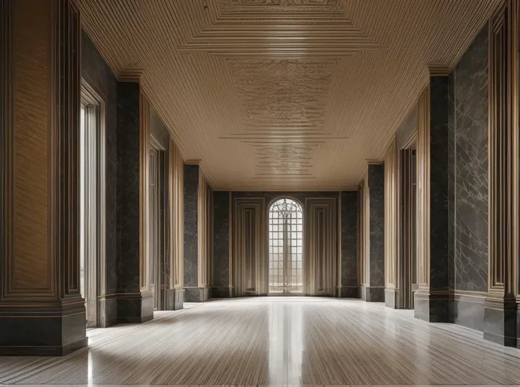 a view of a long hallway with a large window and a wooden floor