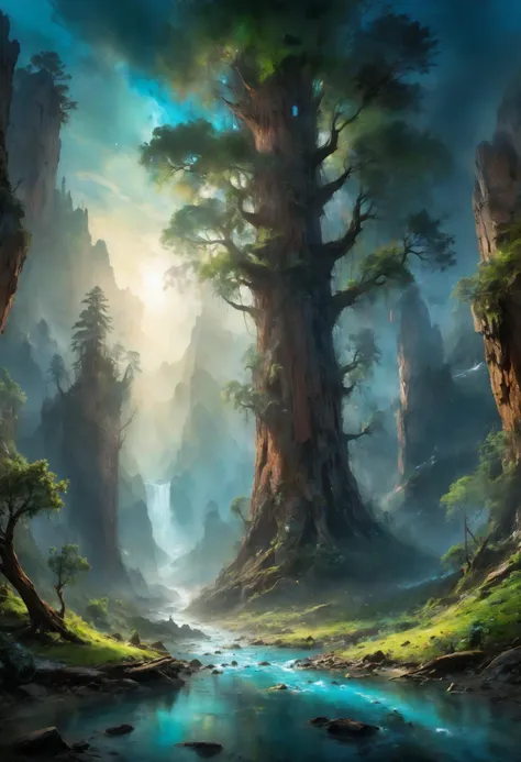 a painting of a forest with a stream running through it