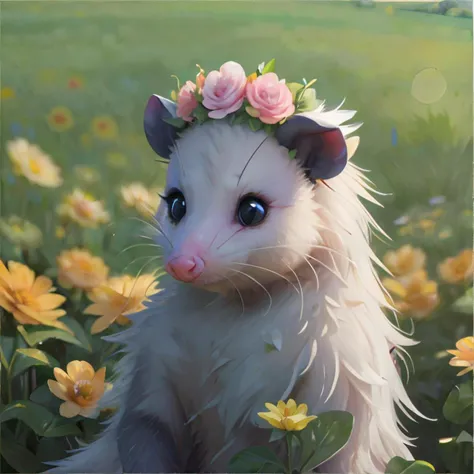 <lora:possum:0.5>, possum wearing flower crown, flower field, masterpiece, 8k, high resolution, shallow depth of field, sharp focus