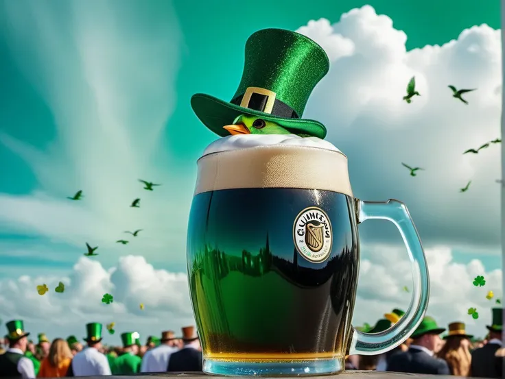 Dreamscape (glass of guinnes beer on his head:1.4), cylinder hat, best quality, (joyful celebration of Saint Patricks Day, crowd in festive attire:1.$), emerald green and gold colors, accents of white, festive, joyful, communal spirit, touches of mystical ...