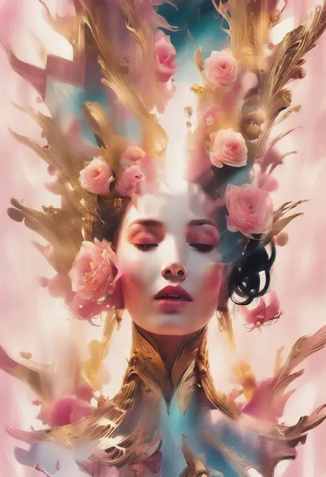 Barcelona, double exposure of a traditional singer woman portrait, pink and gold ratio, concept art