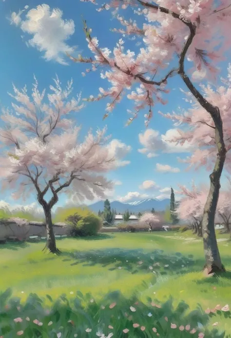 Oil painting style, high details, ultra-clear, pink theme, cherry blossoms in bloom, low saturation pink, cherry blossom trees on the lawn, the lawn is also newly sprouted grass, blue sky and white clouds in the distance, mobile phone wallpaper, 4k