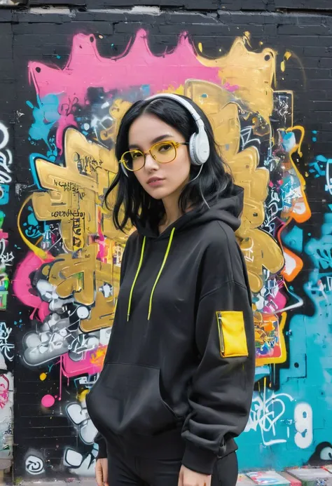 female programmer, neon hoodie, black hair, standing in front of a graffiti-covered wall. cosmic theme. headphones around the neck, gold-framed boxy glasses