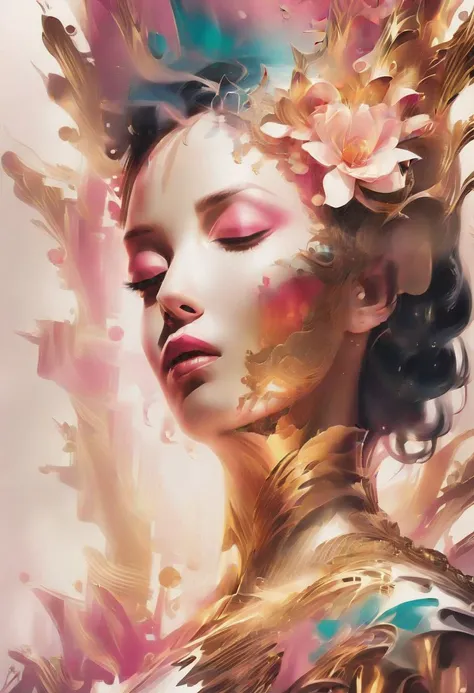 Barcelona, double exposure of a traditional singer woman portrait, pink and gold ratio, concept art