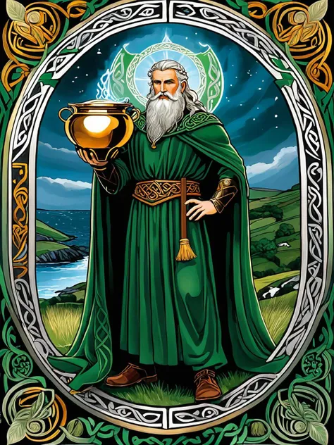 "Explore the character of Dagda from Irish mythology, focusing on his multifaceted nature as a deity associated with wisdom, strength, and abundance. Discuss his role as a father figure to the Tuatha Dé Danann, his mastery over magic and the elements, and ...