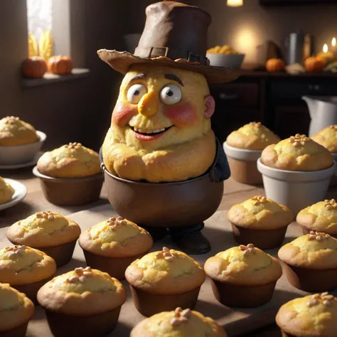 (corn muffin man thanksgiving), (4k, 8k, cinematic, spotlight lighting, extreme detail, ultra quality, HD, high definition, HDR, high dynamic range, octane render, Masterpiece, best quality, colorful, 8k wallpaper, Volumetric Lighting, best shadows, crisp ...