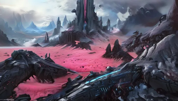 a close up of a futuristic city in a pink desert