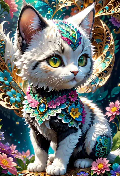 a close up of a cat with a flowered collar on a flowered background