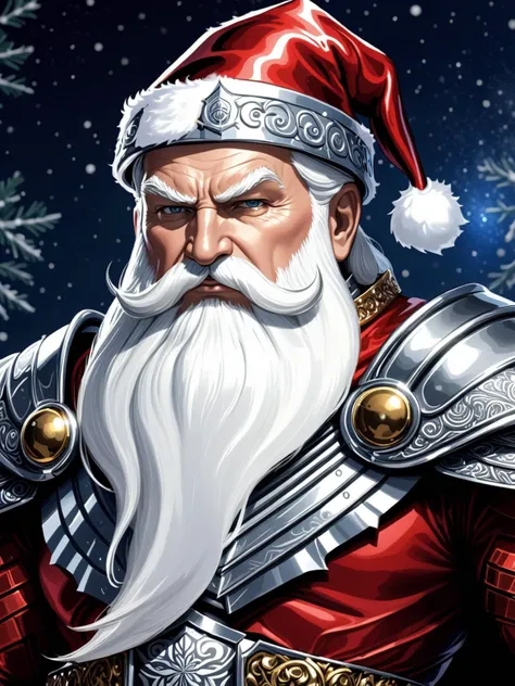 Watercolor painting comic 1man, Santa Claus Overlord, supreme leader, wearing intricate overlord christmas armor, angry   <lora:Chrome_Tech_XL:1> chrometech . Vibrant, beautiful, painterly, detailed, textural, artistic