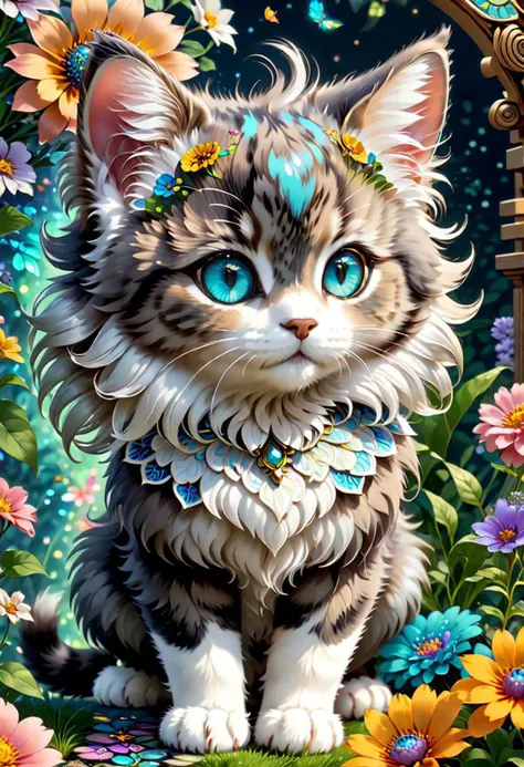 (masterpiece, top quality, best quality, official art, beautiful and aesthetic:1.2), maincoon kitten, extremely detailed, fractal art, colorful, flowers, highest detailed, zentangle, dynamic pose, abstract background, side view, chibi, fluffy, cute big eys...