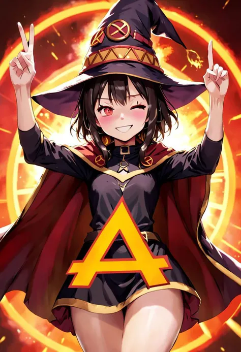 megumin, witch hat, cape, staff with "404" written on it, smile with closed eyes. ^_^, symmetric face, perfect face, double peace sign, V sign, giant explosion in the background,