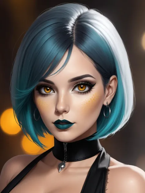 Photorealistic photo of speedpainting of 1girl, mature woman, gothic makeup, Cyan hair, Caramel lipstic, Turmeric Lob (long bob), looking at viewer, upper body, lips, realistic, freckles, Silver eyes, bare shoulders, large breasts, mole, closed mouth, slee...