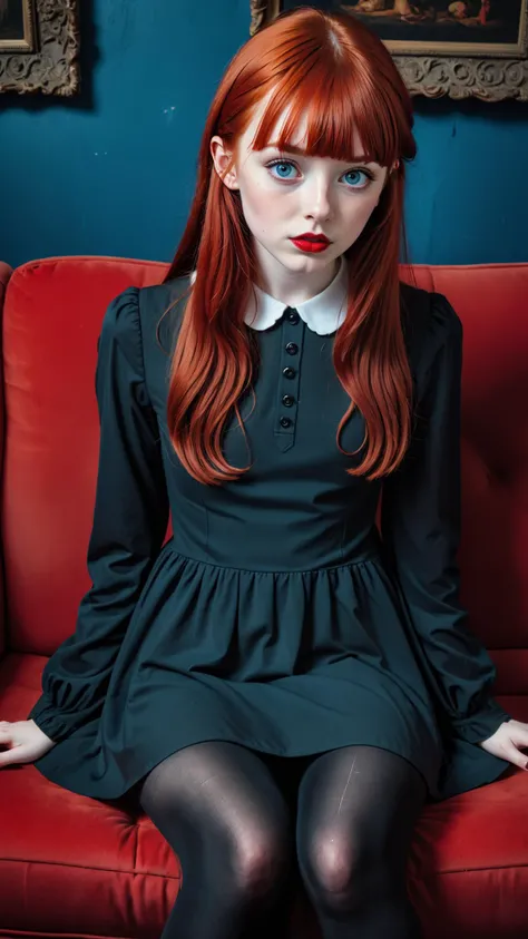 Photograph of a cute Irish goth woman, 20 years old, sitting on a red sofa, (she is looking at the camera:1.4), very long red hair with bangs, pale blue eyes, red lipstick, thick wing eyeliner, well fitting cute long sleeve peter pan collar fit and flare b...