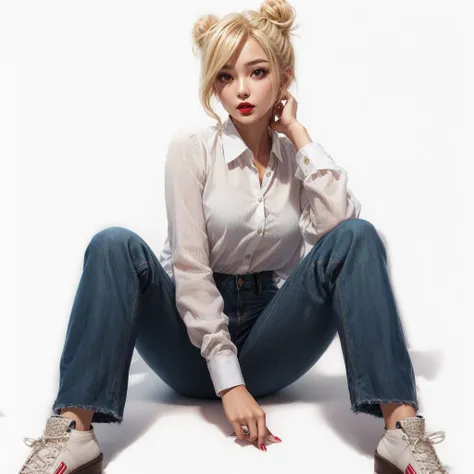 best quality, (1girl, blonde hair, double-buns, red lips), (wearing long pants, long shirt), white background <lora:hairdetailer...