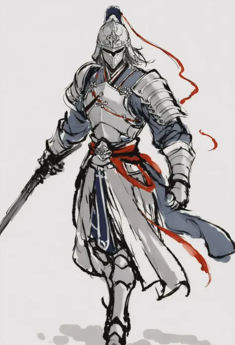 a drawing of a man in armor holding a sword