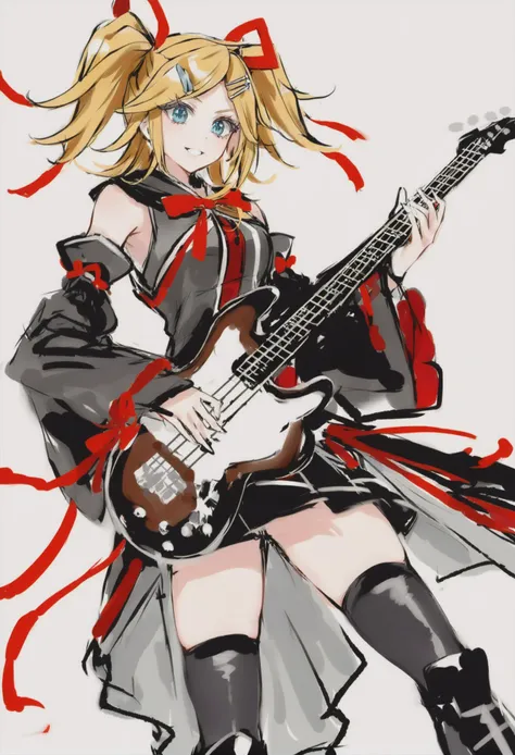 a woman with a guitar and a red ribbon around her neck