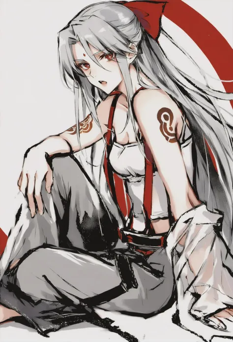 anime girl with long white hair sitting on the ground with a red circle