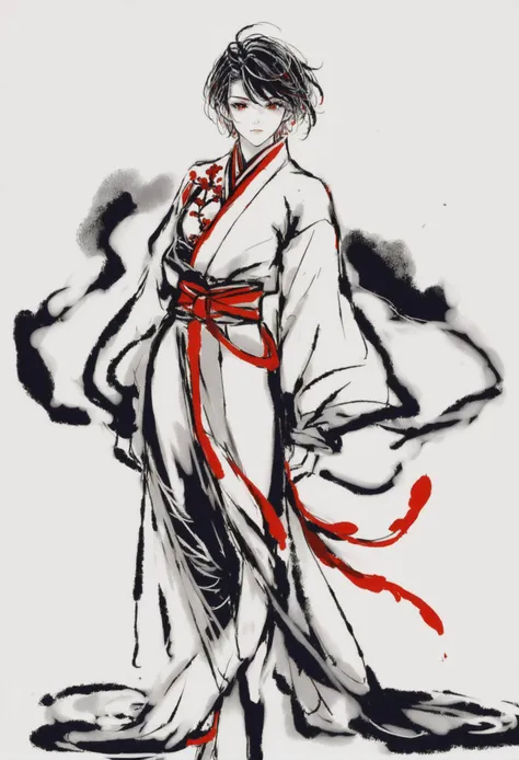 a drawing of a woman in a kimono with a red sash