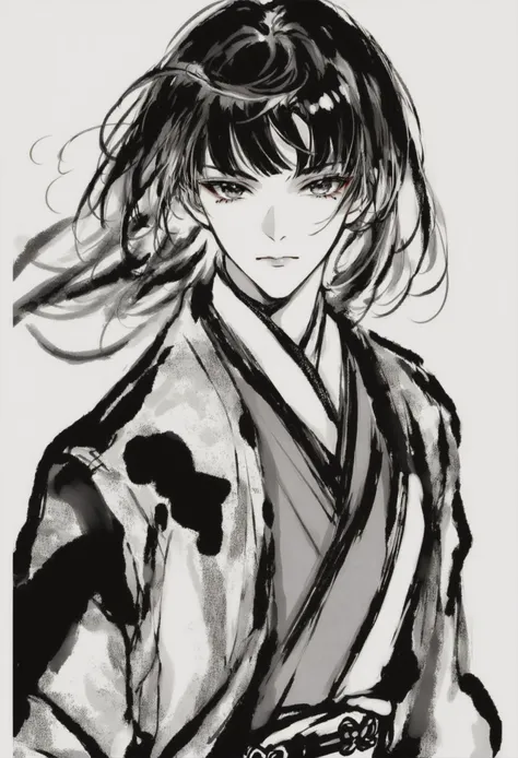 a drawing of a woman in a kimono outfit with a black and white background