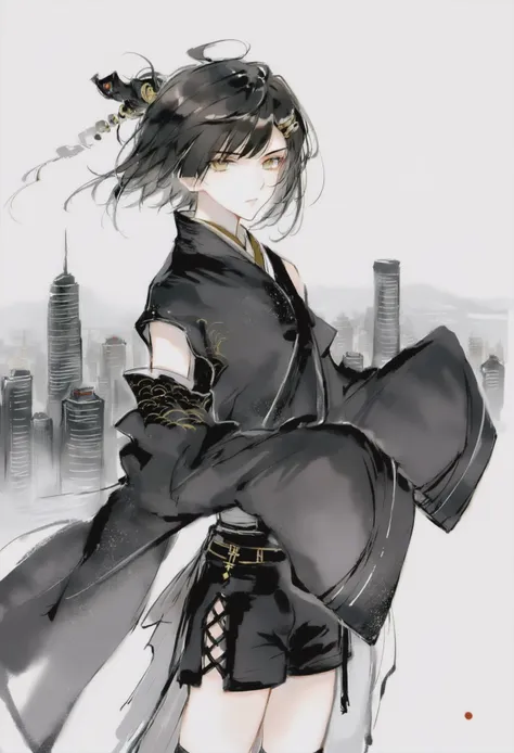 anime girl in black and white outfit with a city in the background