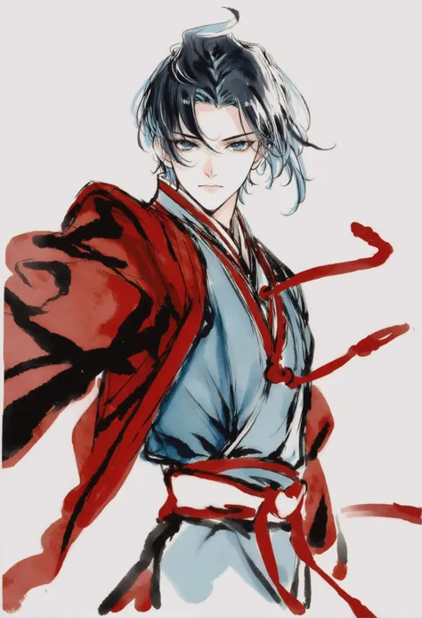 a drawing of a man in a red and white kimono