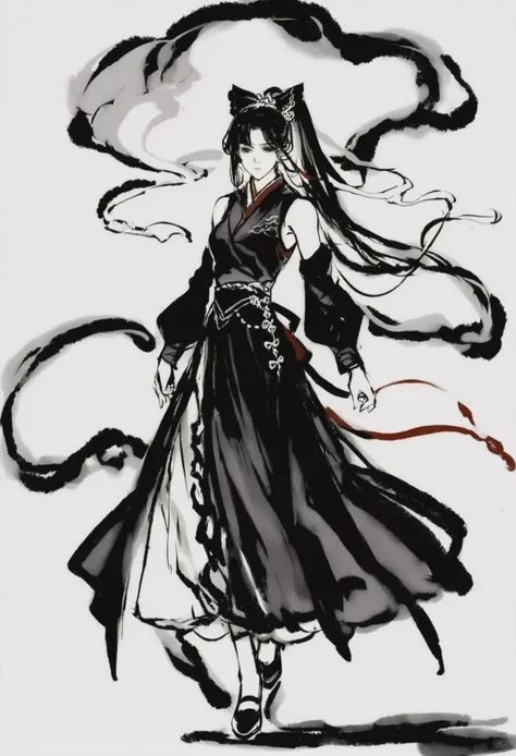 a drawing of a woman in a long dress with a sword