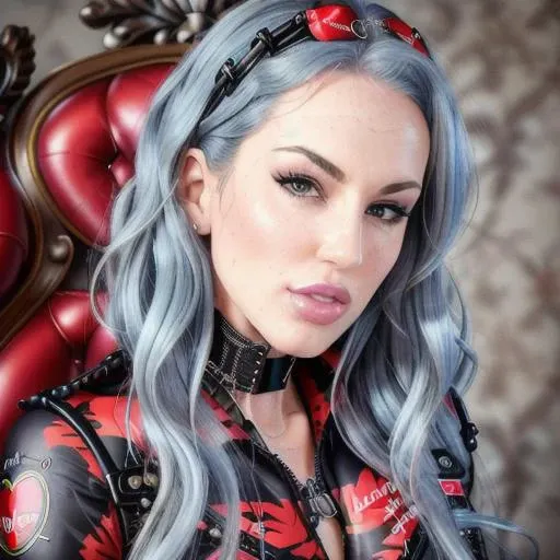 a close up of a woman with blue hair wearing a red and black outfit