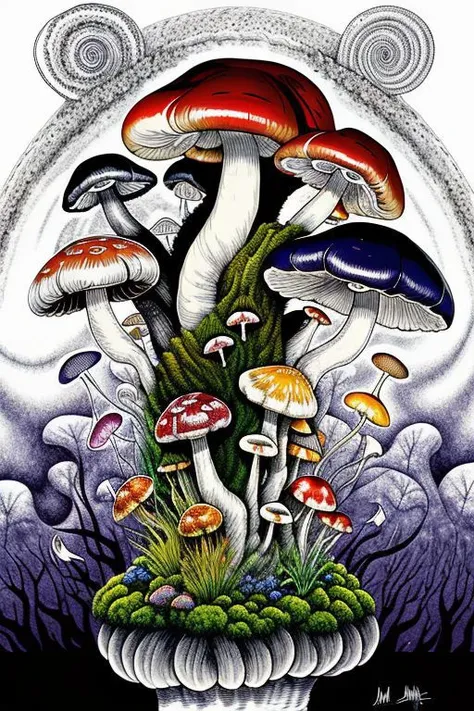 a drawing of a group of mushrooms on a green plant