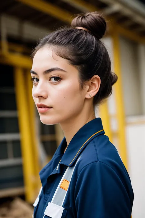 Analogue photo of a construction worker woman age of 26, (hair bun) work uniform ,(detailed face features),(working helm), in a construction place, full-body, rim lighting, hard lighting, ((hasselblad photography)) (8K, 16k, uhd, dslr), (RAW photo:1.2), (b...