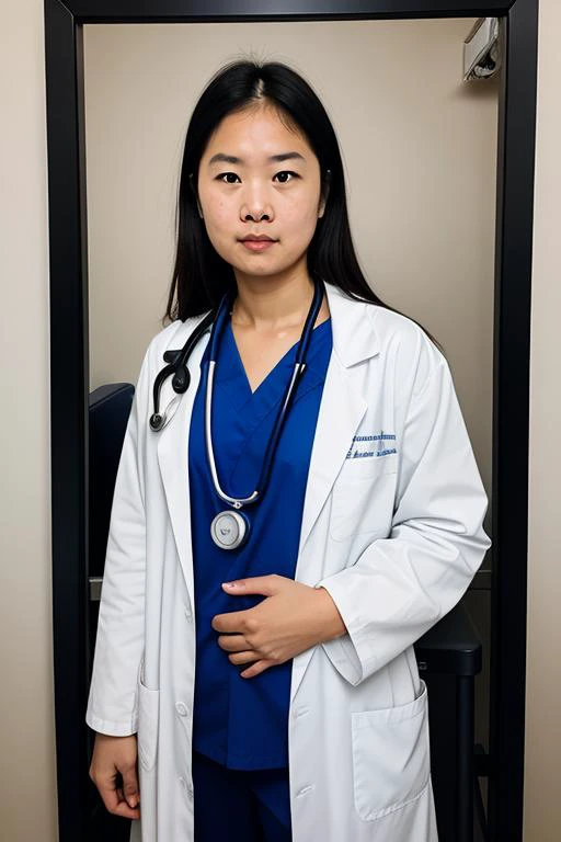 Portrait Photography Photo of a female doctor, wearing white lab coat with stethoscope around her neck, standing beside a medical equipment cart, medium framing capturing her from chest up, hospital room with medical supplies as the background, soft fluore...