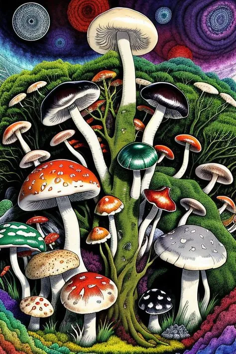 a painting of a group of mushrooms in a forest with a sky background