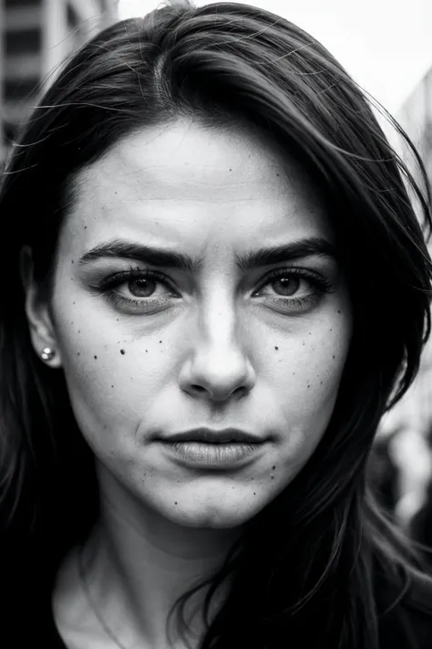 Gritty street portrait of a female activist, focusing on her intense eyes and a protest sign, captured during a peaceful demonstration, medium shot, set on an urban street with other protesters in the background, illuminated by the diffuse light of an over...