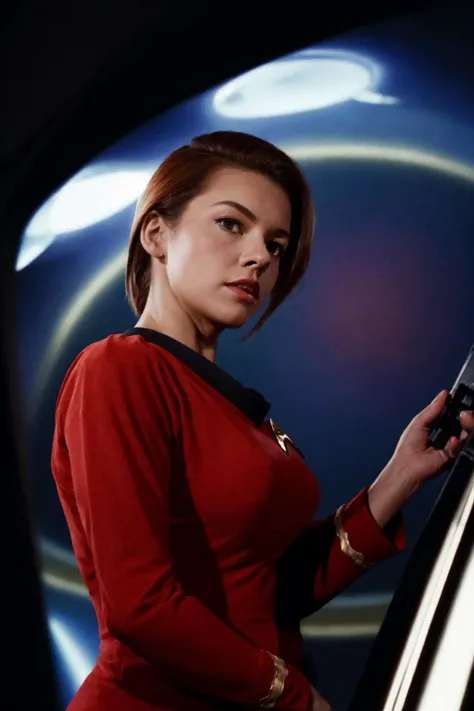 (startrektos red dress:1.3),young ginger woman on a space station,  finely detailed skin, rim lighting, hard lighting, ((hasselblad photography)) (8K, 16k, uhd, dslr), (RAW photo:1.2), (best quality:1.4), (high quality:1.4), (masterpiece:1.2), (realistic:1...