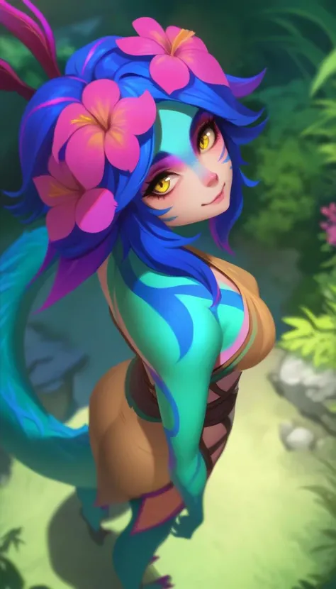 <lora:neeko-xl-nvwls-v1:0.75>, 1girl, neeko (league of legends), adult, tall, neeko,
cute curious expression, :3, multicolored hair, colored skin, extreme detailed skin, forehead mark, lizard tail,
hair ornament, hair flower, bare shoulders,
masterpiece, s...