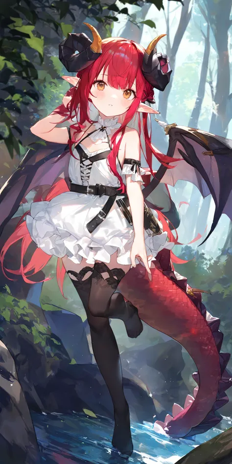 anime girl with red hair and a dragon tail in a forest