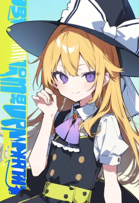 1girl,kirisame marisa,(akizero1510:1.5),mochizuki kei,kani biimu,
blush, closed mouth, hand up, leg up, looking at viewer, smile, solo,artist name, cover, cover page, portrait, romaji text,
masterpiece,best quality,absurdres,