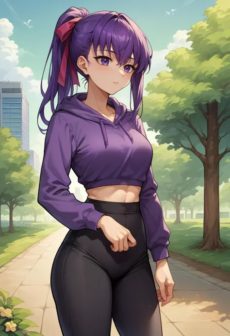 a woman in a purple top and black pants standing on a sidewalk