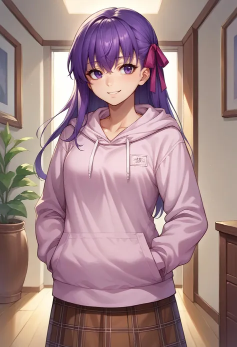 a close up of a person in a purple hoodie standing in a room