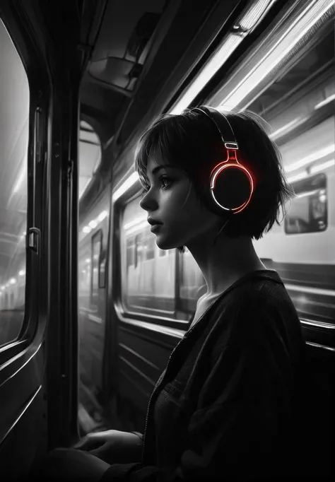 moody aesthetic, beautiful cozy, neon lights, a smart girl, short hair, windows mind, overlooking the mind, train, detailed, high resolution, photorrealistic, dark, gloomy, from aside, <lora:detailed_notrigger:1>, <lora:zavy-lghttrl-sdxl:1>,headphones