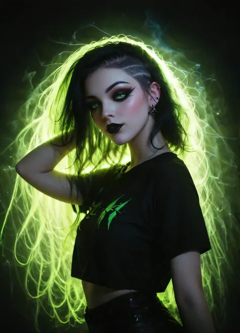 a woman with long hair and neon makeup posing for a picture