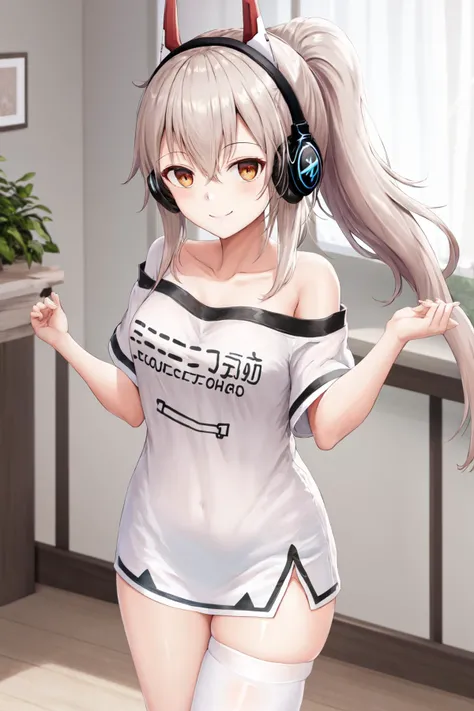 masterpiece, best quality, highres, 1girl ponytail headgear headphones, short sleeves bare shoulders white shirt white thighhighs <lora:ayanami_niconico:1> standing, smile