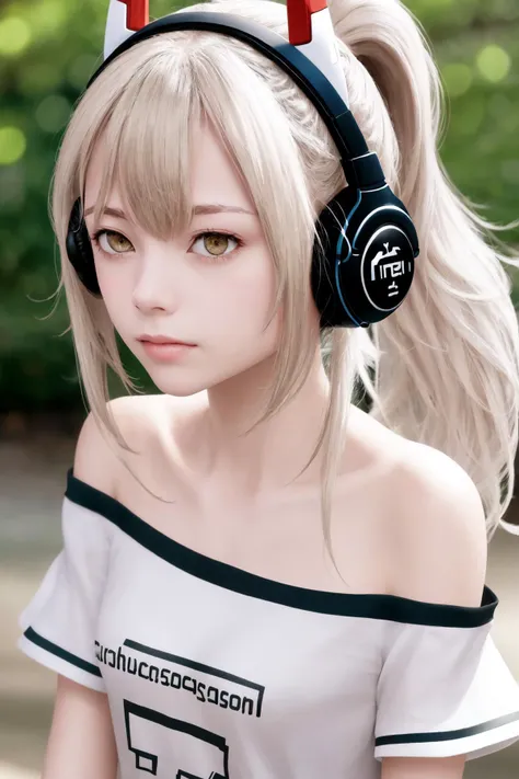 masterpiece, best quality, highres, 1girl ponytail headgear headphones, short sleeves bare shoulders white shirt white thighhighs <lora:ayanami_niconico:1> photorealistic