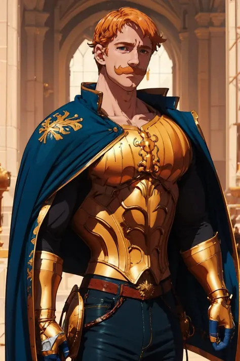 a close up of a man in a blue cape and gold armor