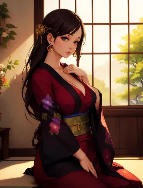 a Japanese woman wearing a kimono,(((masterpiece))),((best quality)),((intricate detailed)),((Hyperrealistic)),absurd res,milf,mature woman,perspective,highly detailed,illustration,1girl,((large breasts)),perfect hands,detailed fingers,beautiful detailed e...