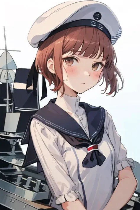 best quality, masterpiece, highres, solo, {z3_max_schultz_kantaicollection:1.15}, short_hair, brown_eyes, brown_hair, hat, sailor_hat, blush, 1girl, blue_dress, blue_headwear, blue_sailor_collar, clothes_writing, dress, sailor_collar, sailor_dress, simple_...